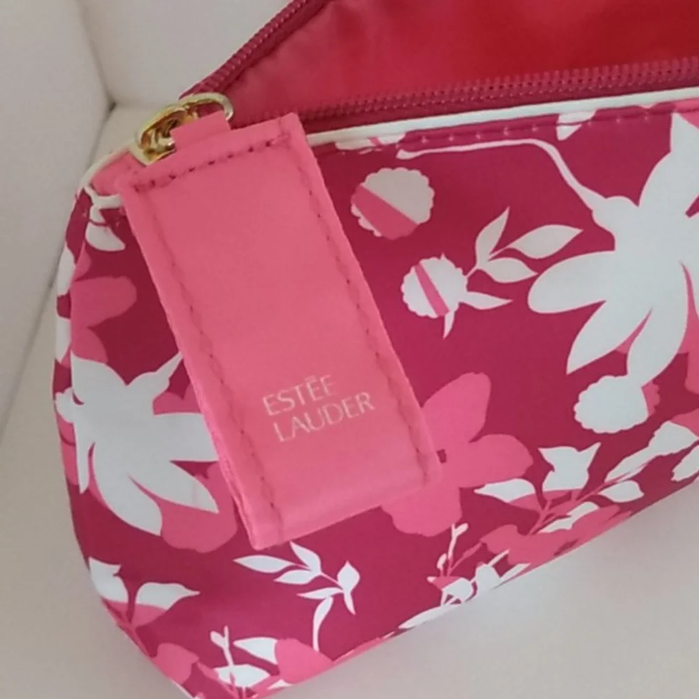 *Estee Lauder Cosmetic Bag Pink Floral Print‎ Makeup Pouch Zipper Pouch
